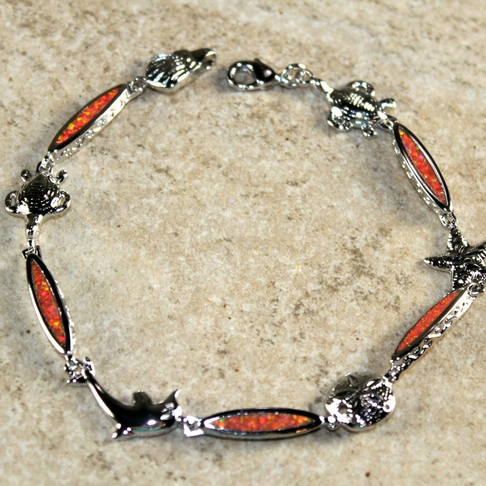 Orange Fire Opal Bracelet Sea Animal Crab Turtle